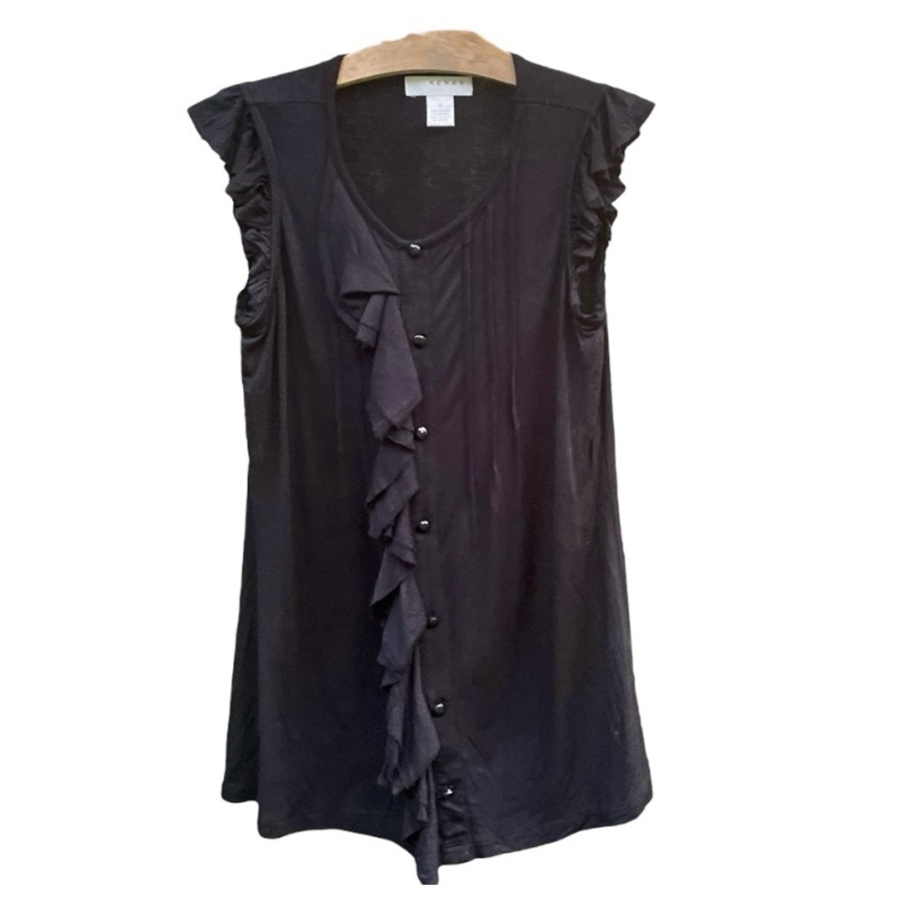 Kenar Black Sleeveless Top With Ruffled Front And Trim. Size Small